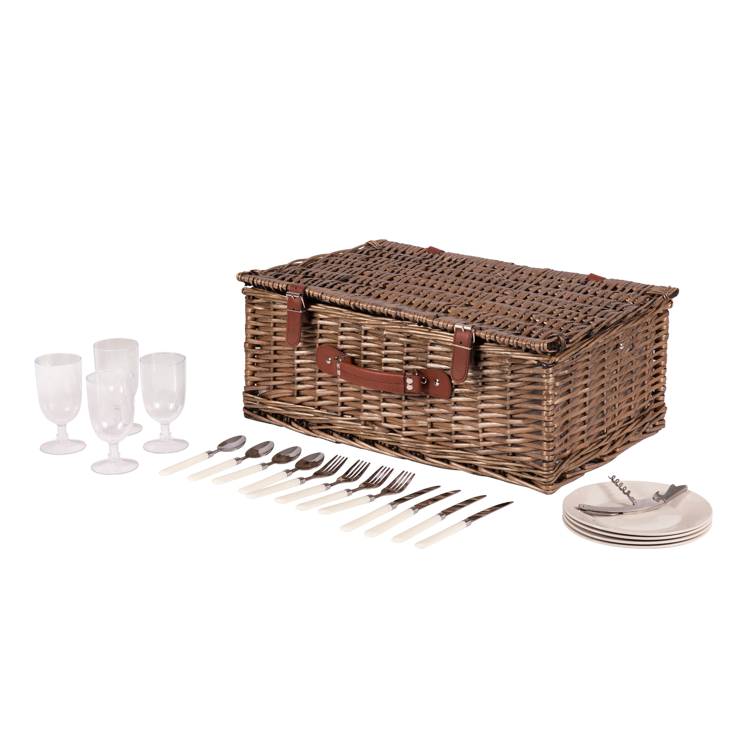 Providence Picnic Basket for 4, (Taupe Willow with Grey & White Striped Lining)