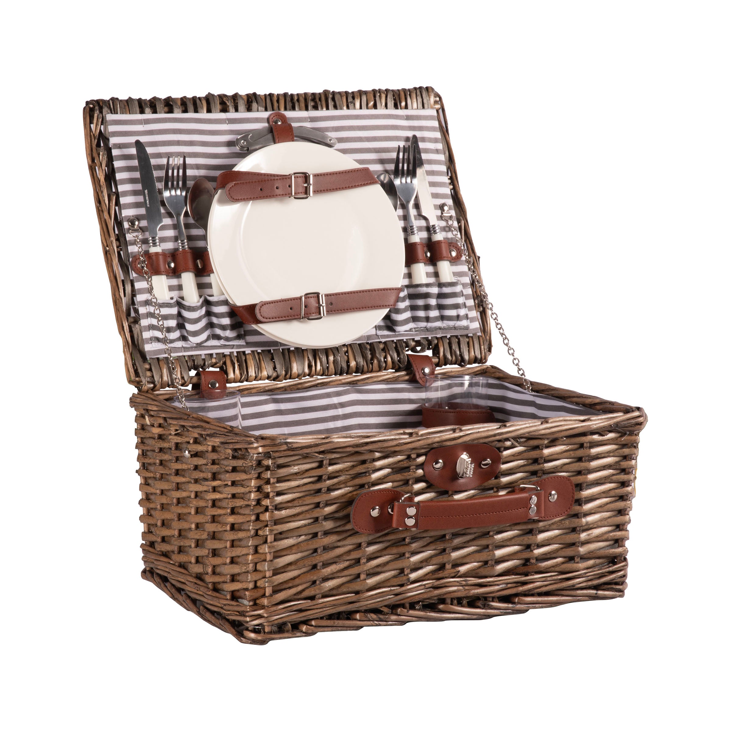 Providence Picnic Basket for 2, (Taupe Willow with Grey & White Striped Lining)