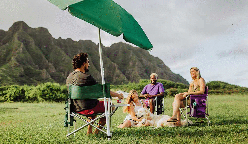 Group of people enjoying a scenic picnic under an umbrella
