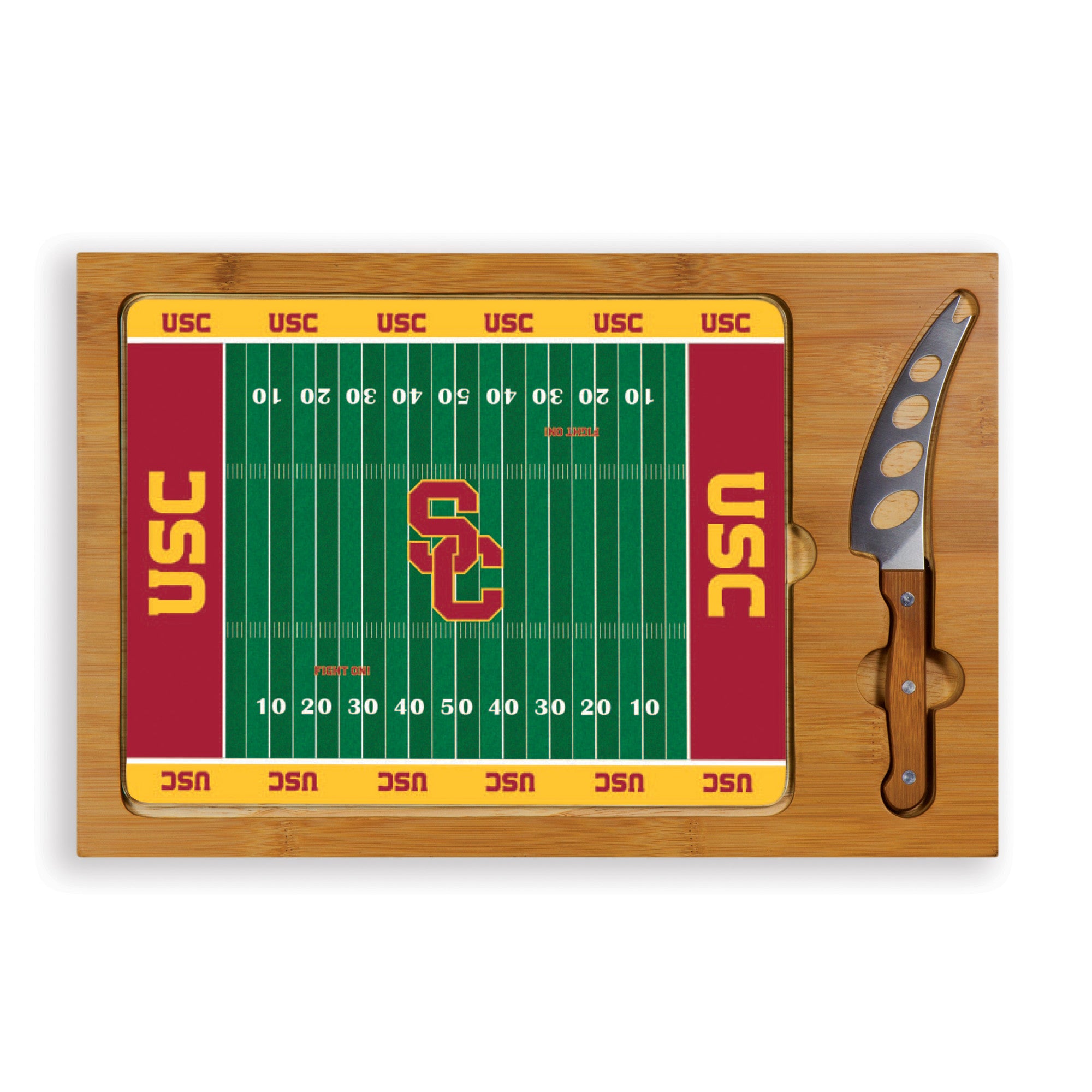 USC Trojans Football Field - Icon Glass Top Cutting Board & Knife Set