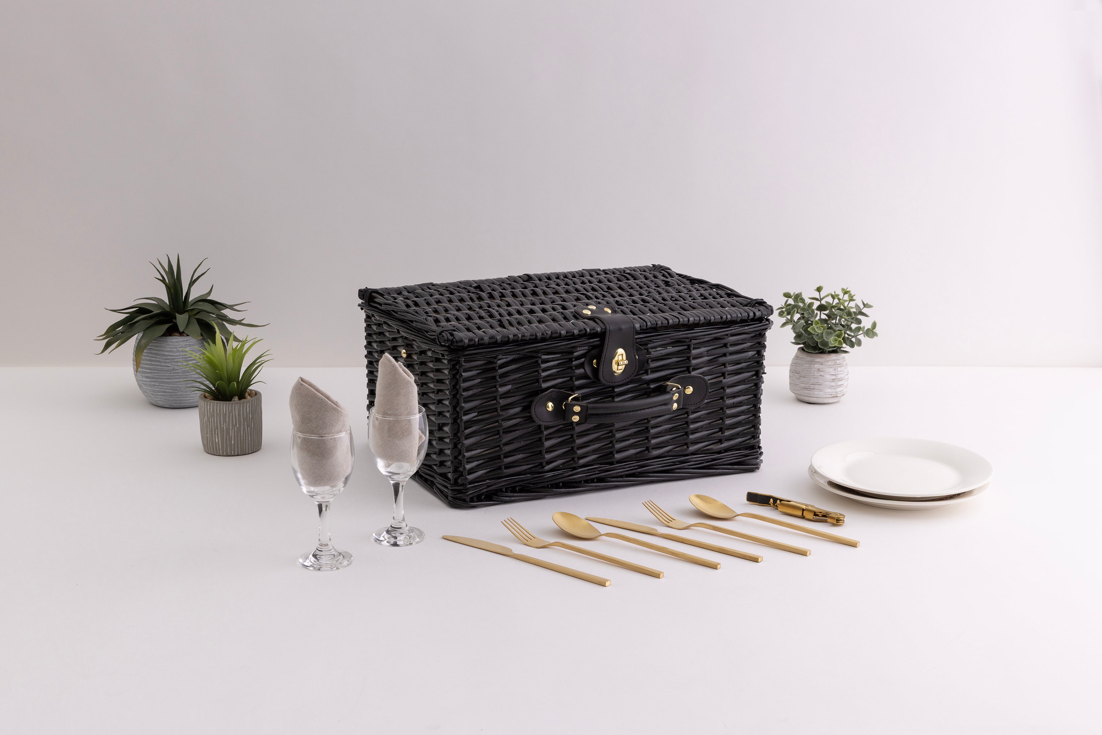 Picnic Basket Set for 2, Black Willow with Beige Accents-Picnic Time Family of Brands