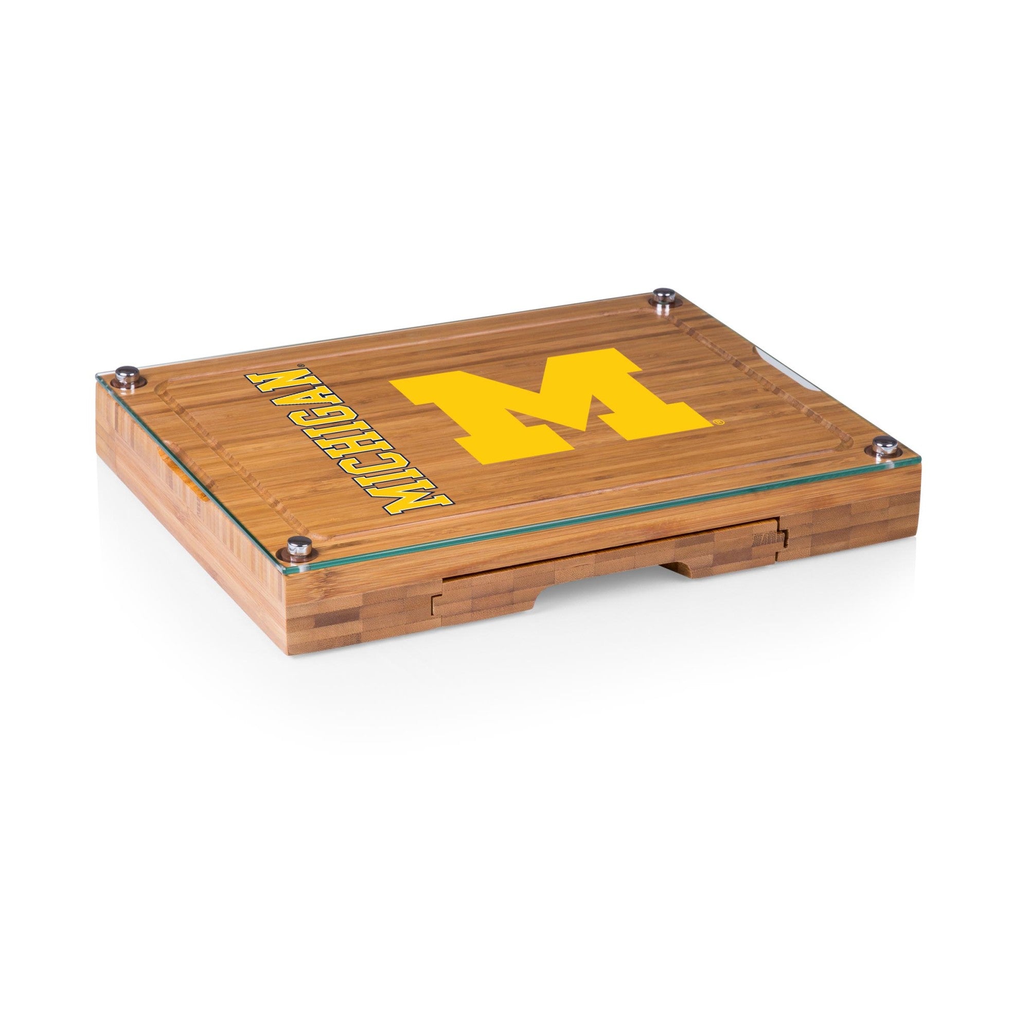 Michigan Wolverines - Concerto Glass Top Cheese Cutting Board & Tools Set