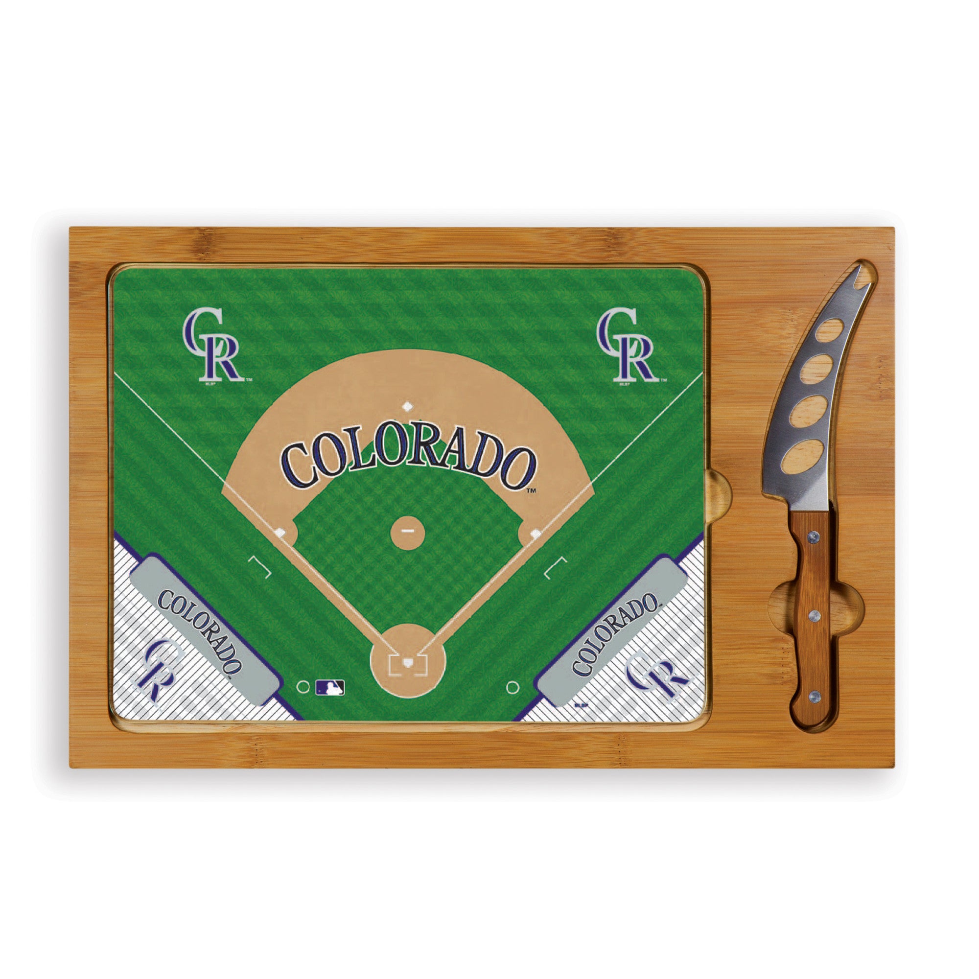 Colorado Rockies Baseball Diamond - Icon Glass Top Cutting Board & Knife Set