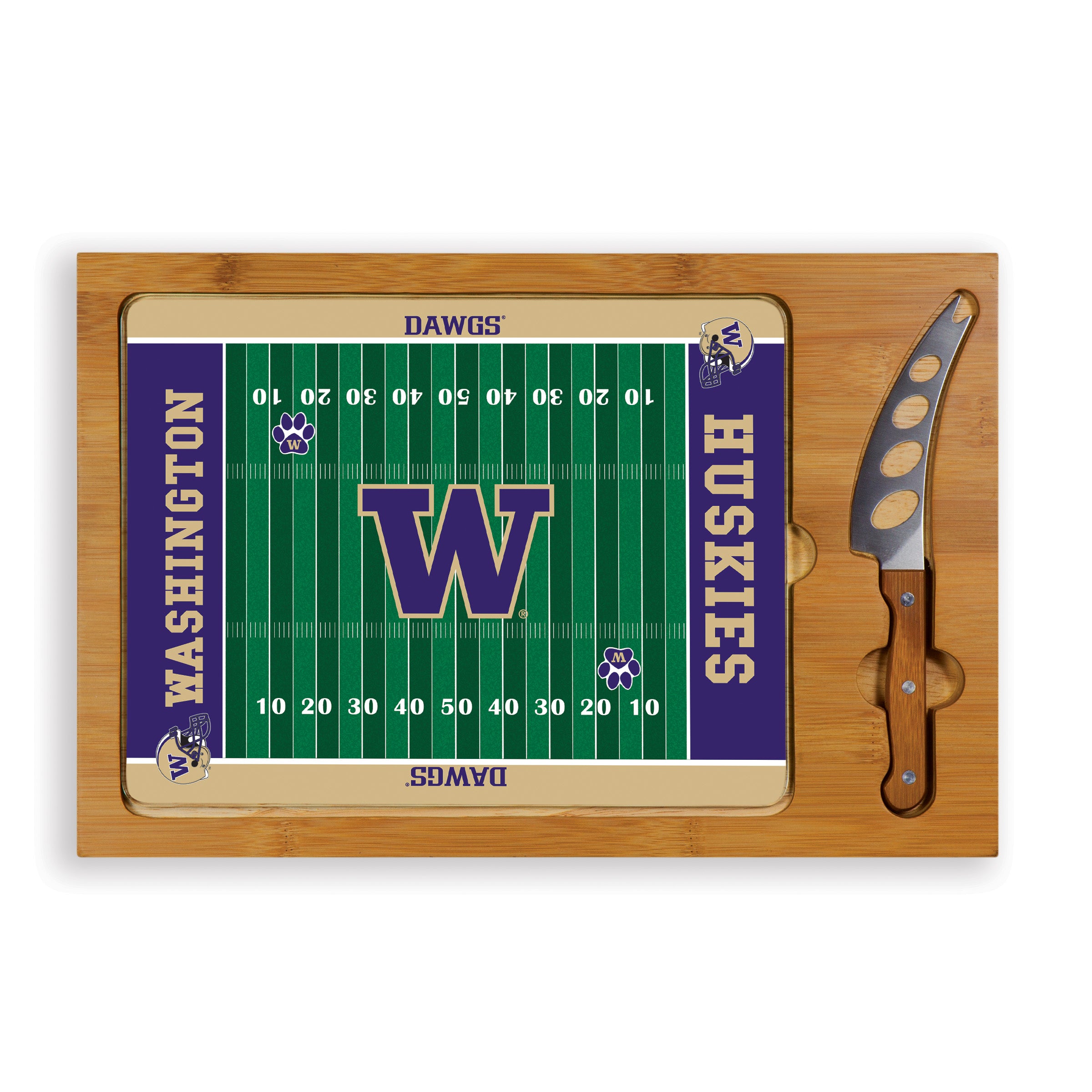 Washington Huskies Football Field - Icon Glass Top Cutting Board & Knife Set-Picnic Time Family of Brands