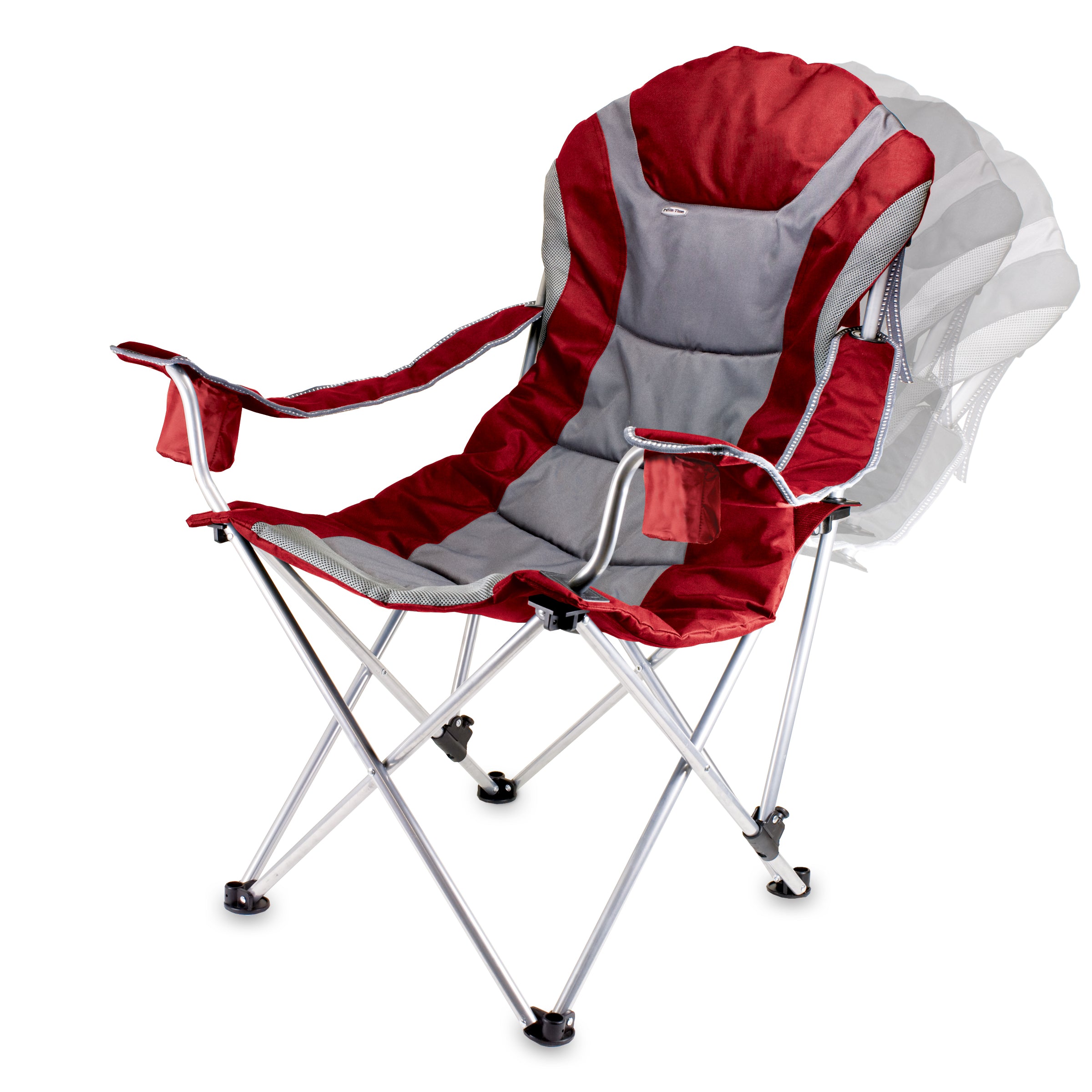 Red and gray reclining camp chair with armrests and cup holder