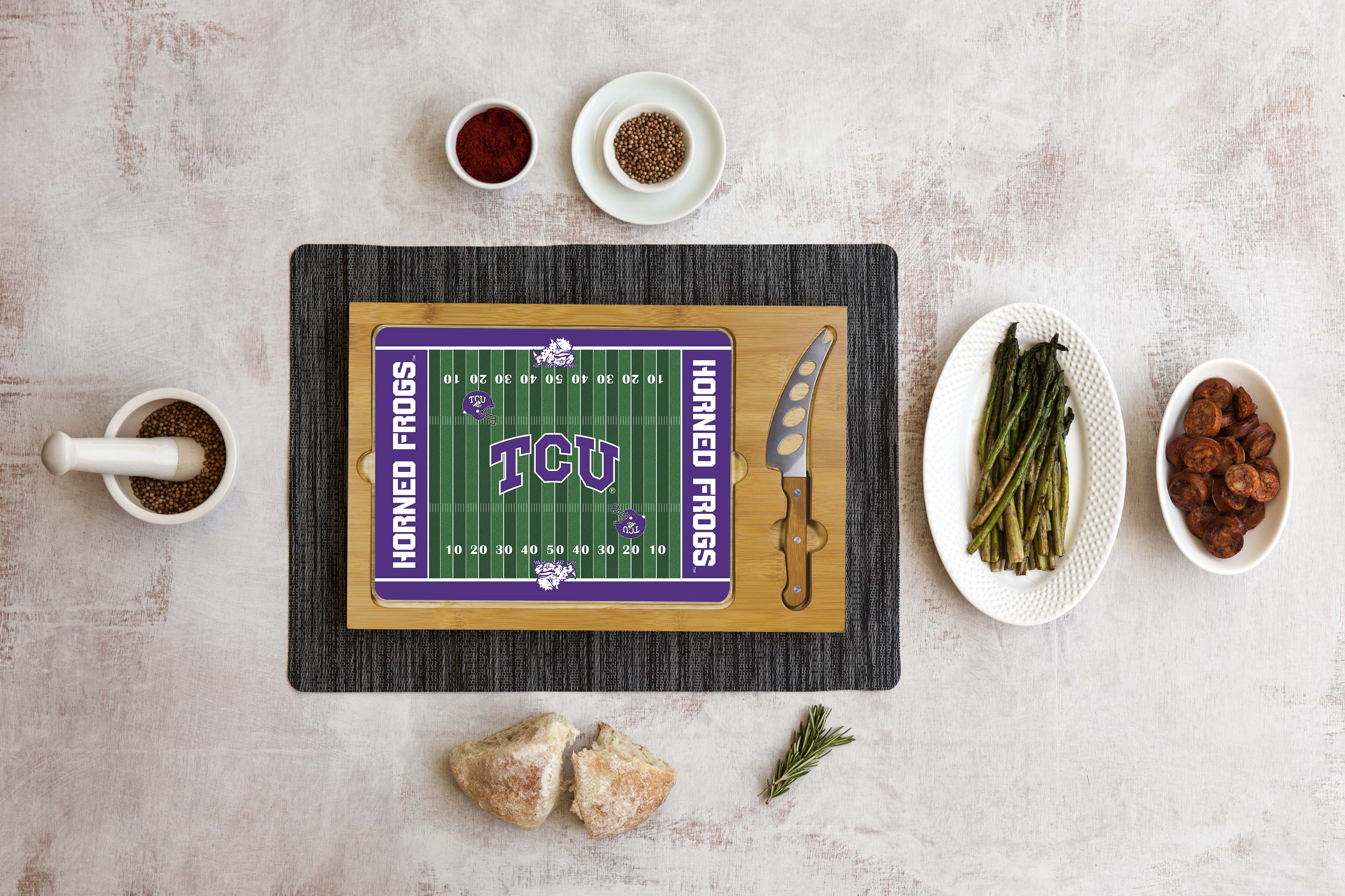 TCU Horned Frogs - Icon Glass Top Cutting Board & Knife Set