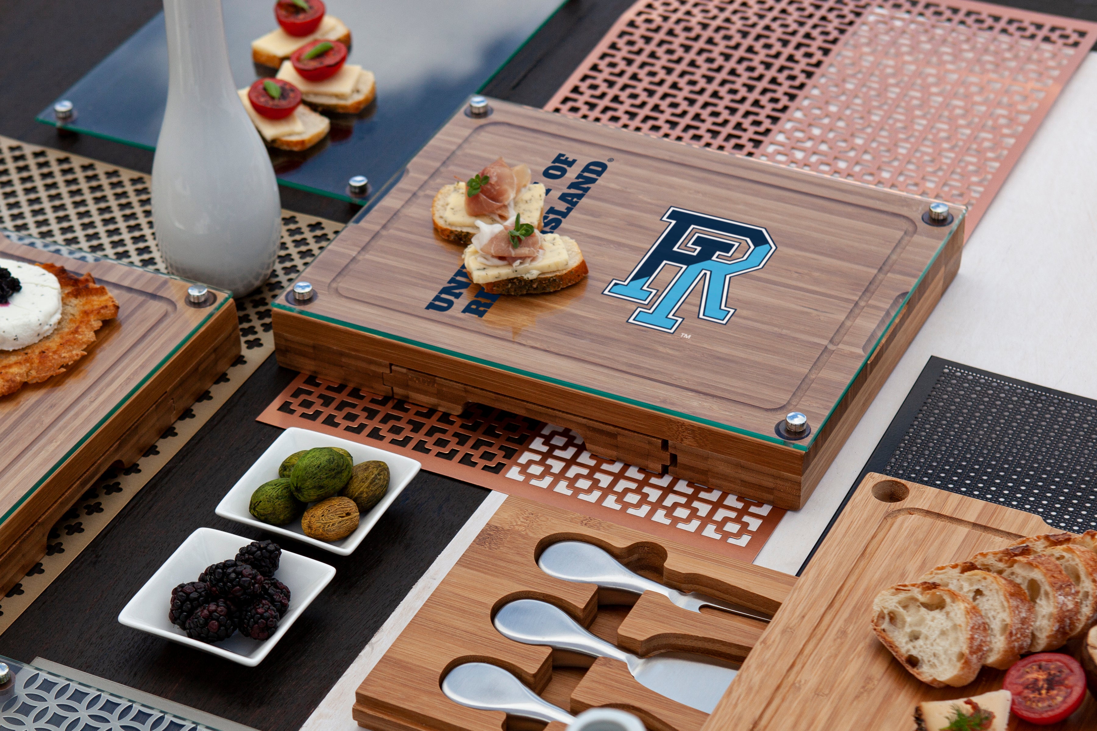 Rhode Island Rams - Concerto Glass Top Cheese Cutting Board & Tools Set-Picnic Time Family of Brands