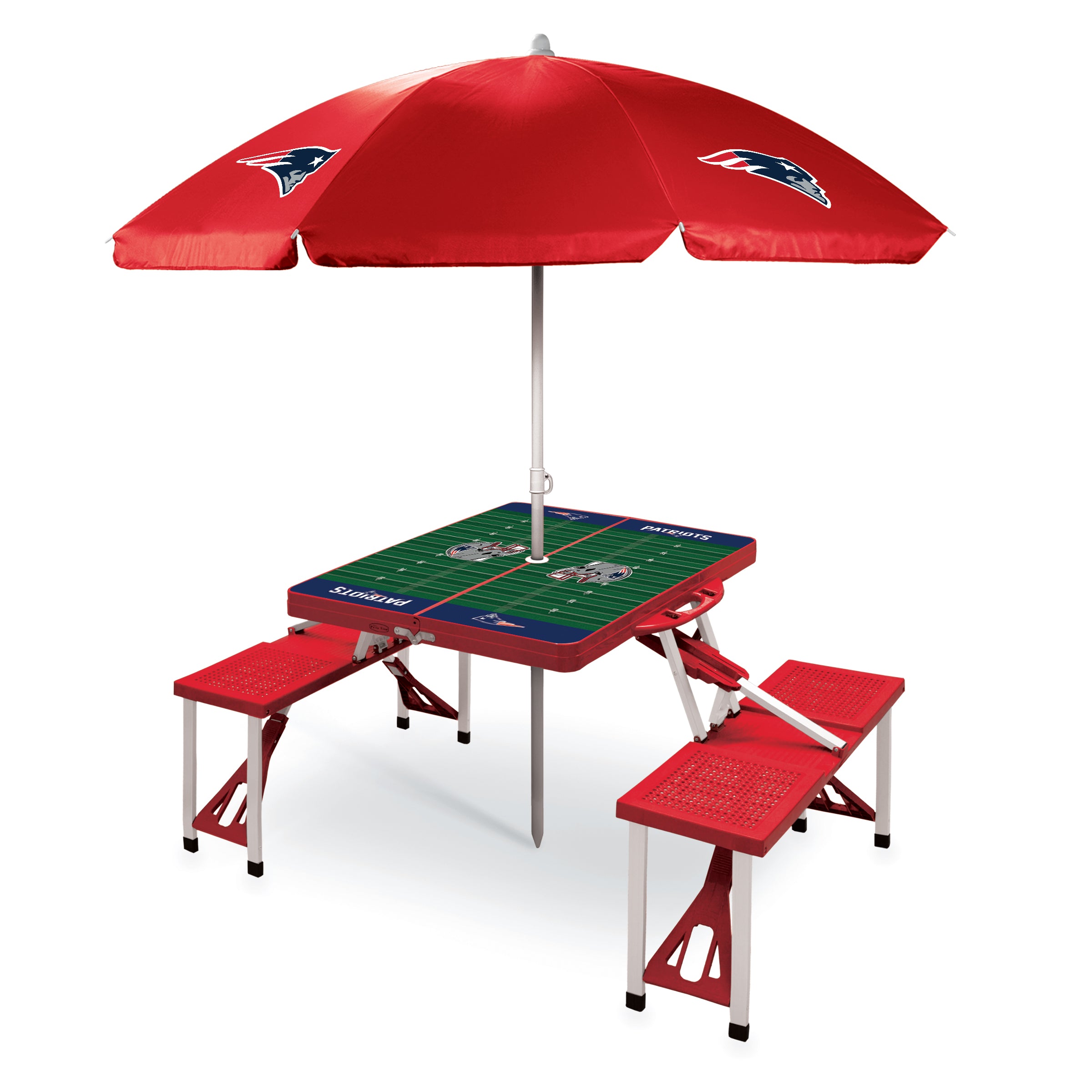 folding patio table and chairs with umbrella New England Patriots Picnic Table with Umbrella