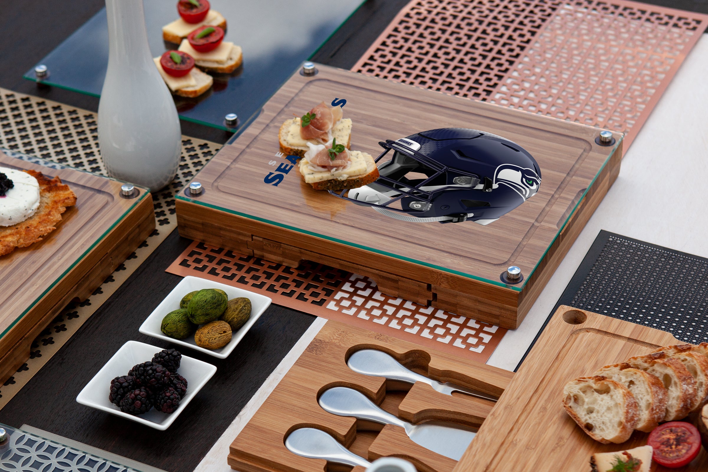 Seattle Seahawks - Concerto Glass Top Cheese Cutting Board & Tools Set-Picnic Time Family of Brands