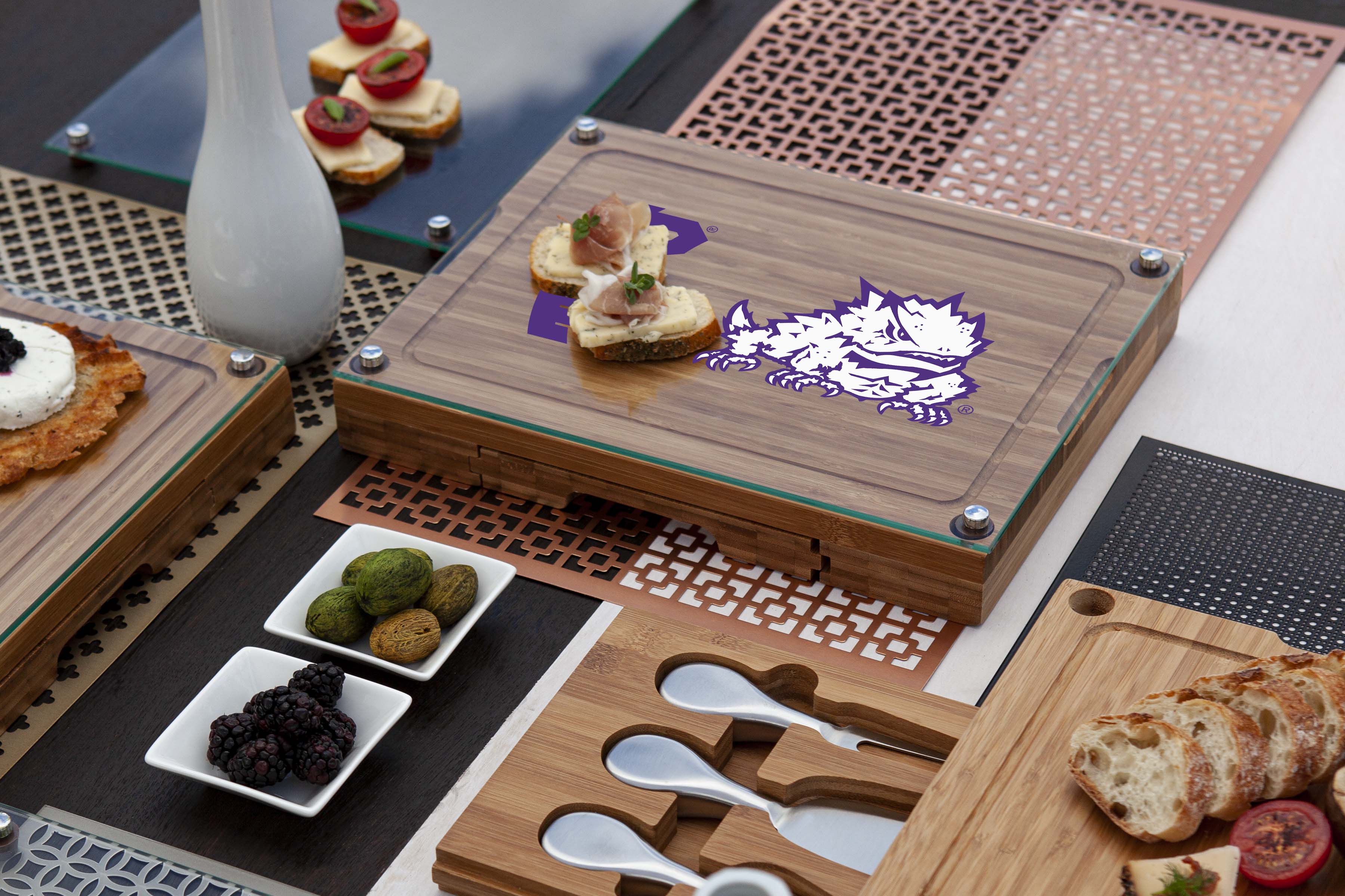 TCU Horned Frogs - Concerto Glass Top Cheese Cutting Board & Tools Set