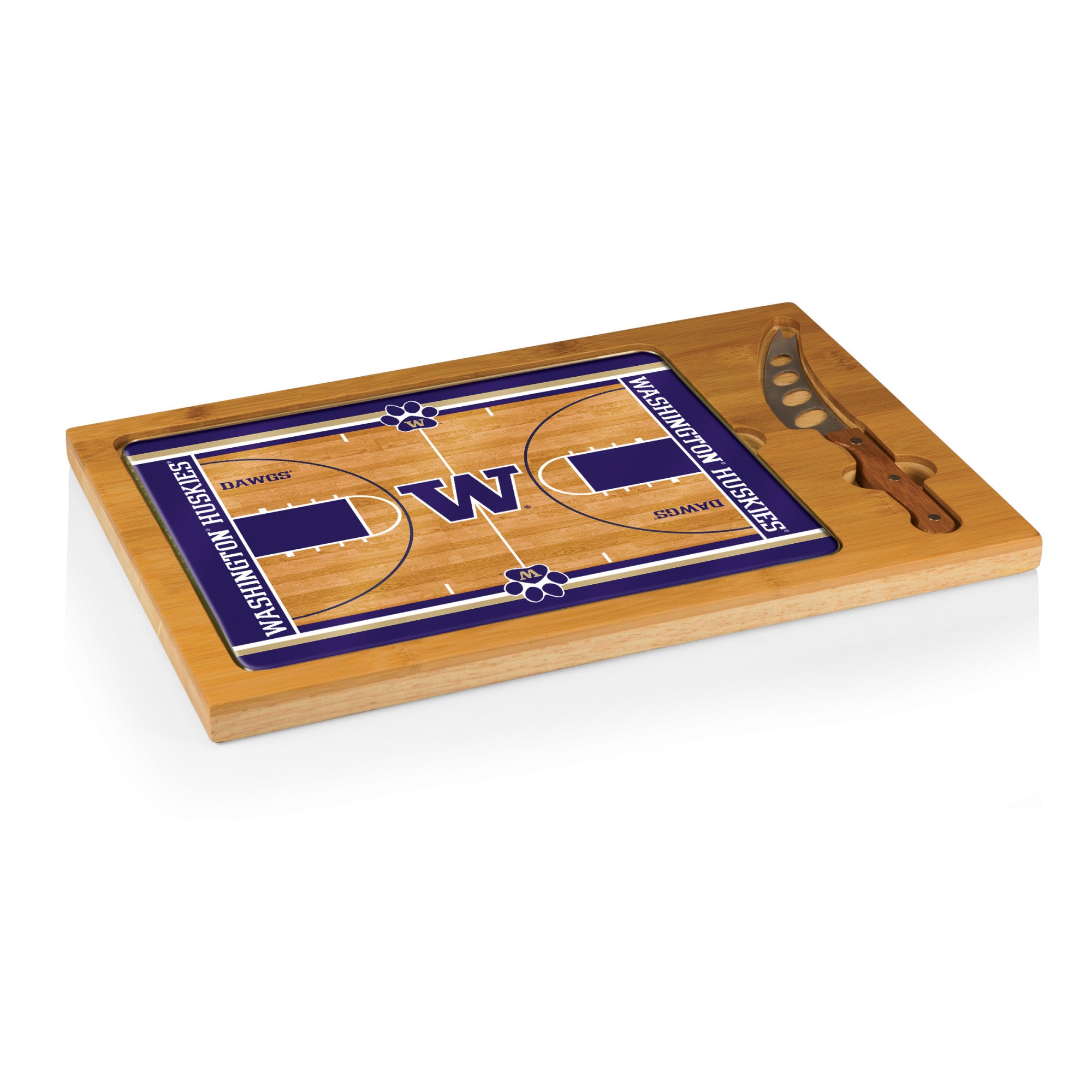 Washington Huskies Basketball Court - Icon Glass Top Cutting Board & Knife Set