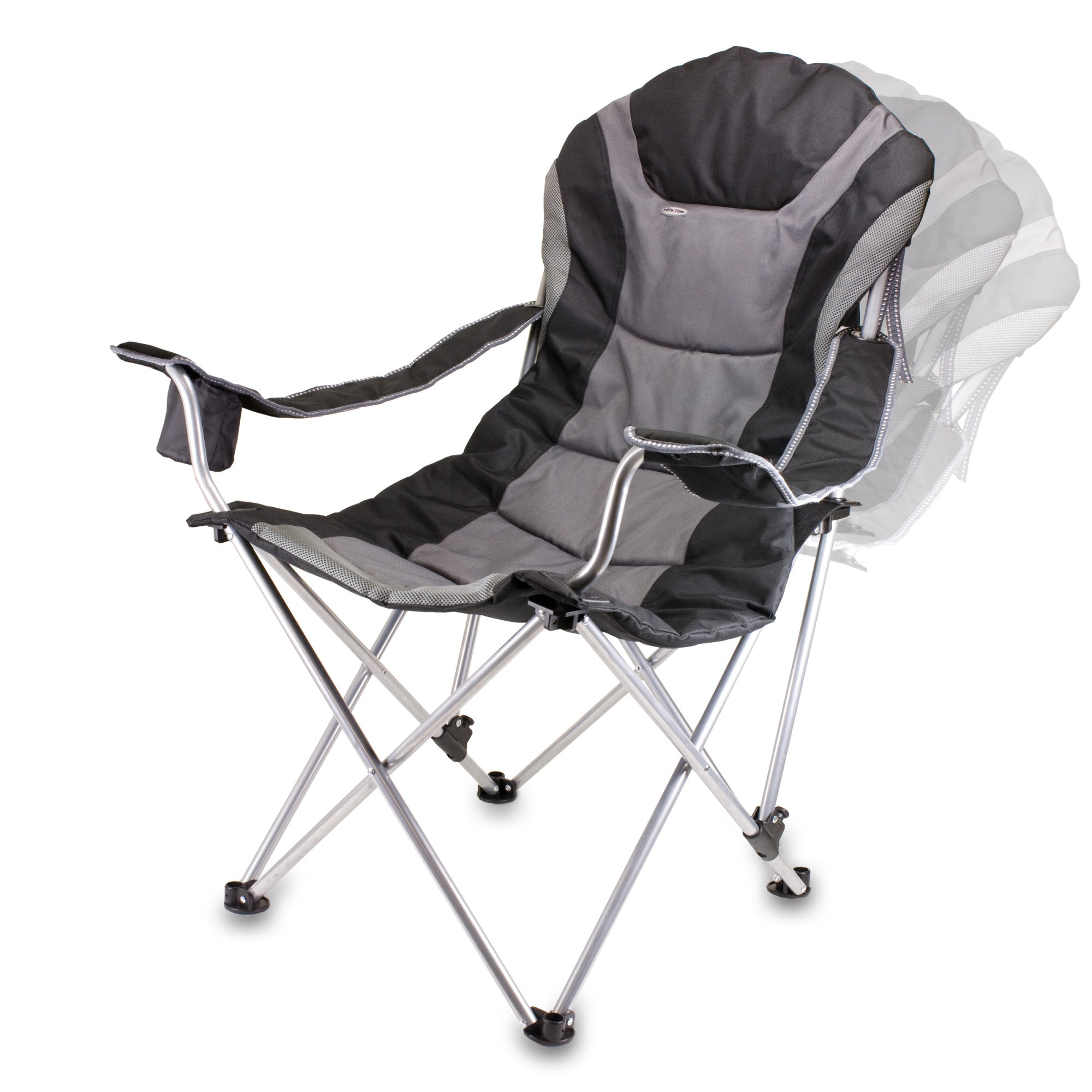 Black and gray reclining camp chair with armrests and cup holder