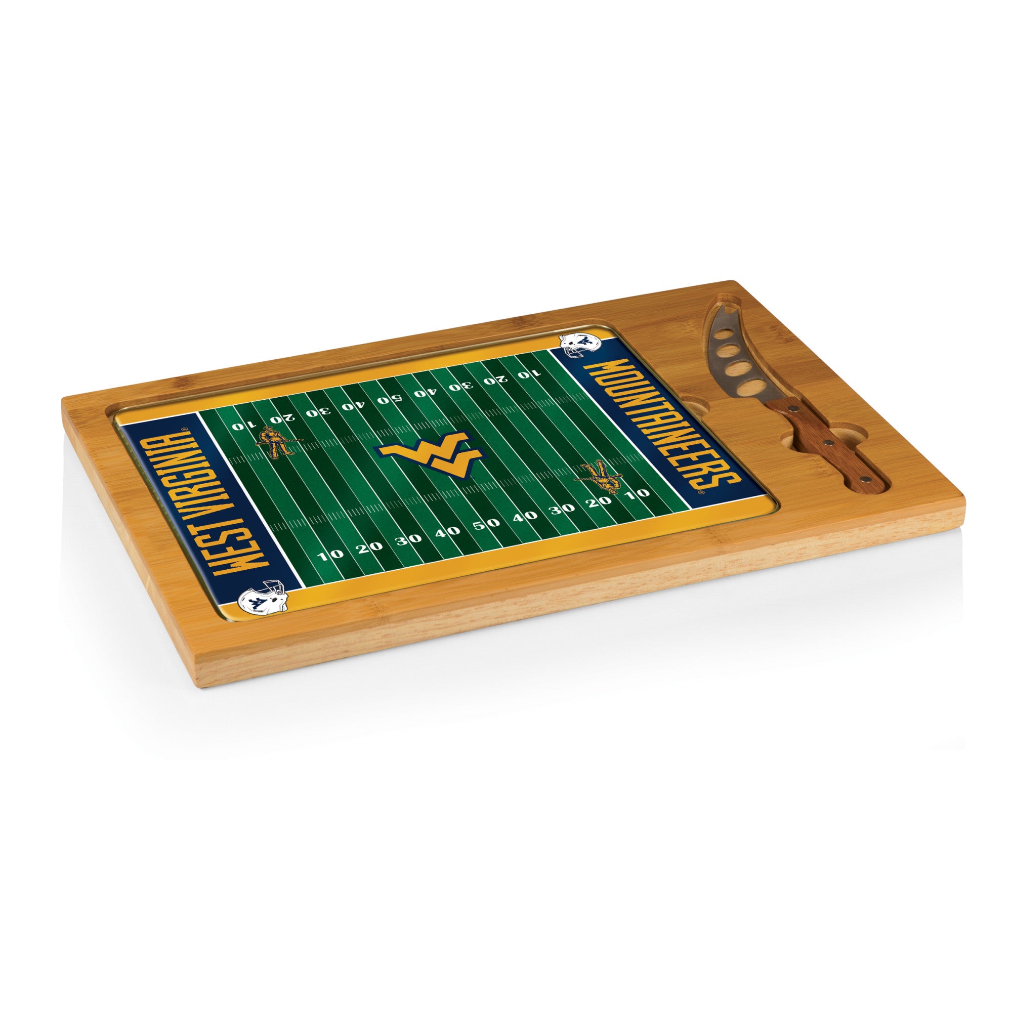 West Virginia Mountaineers Football Field - Icon Glass Top Cutting Board & Knife Set