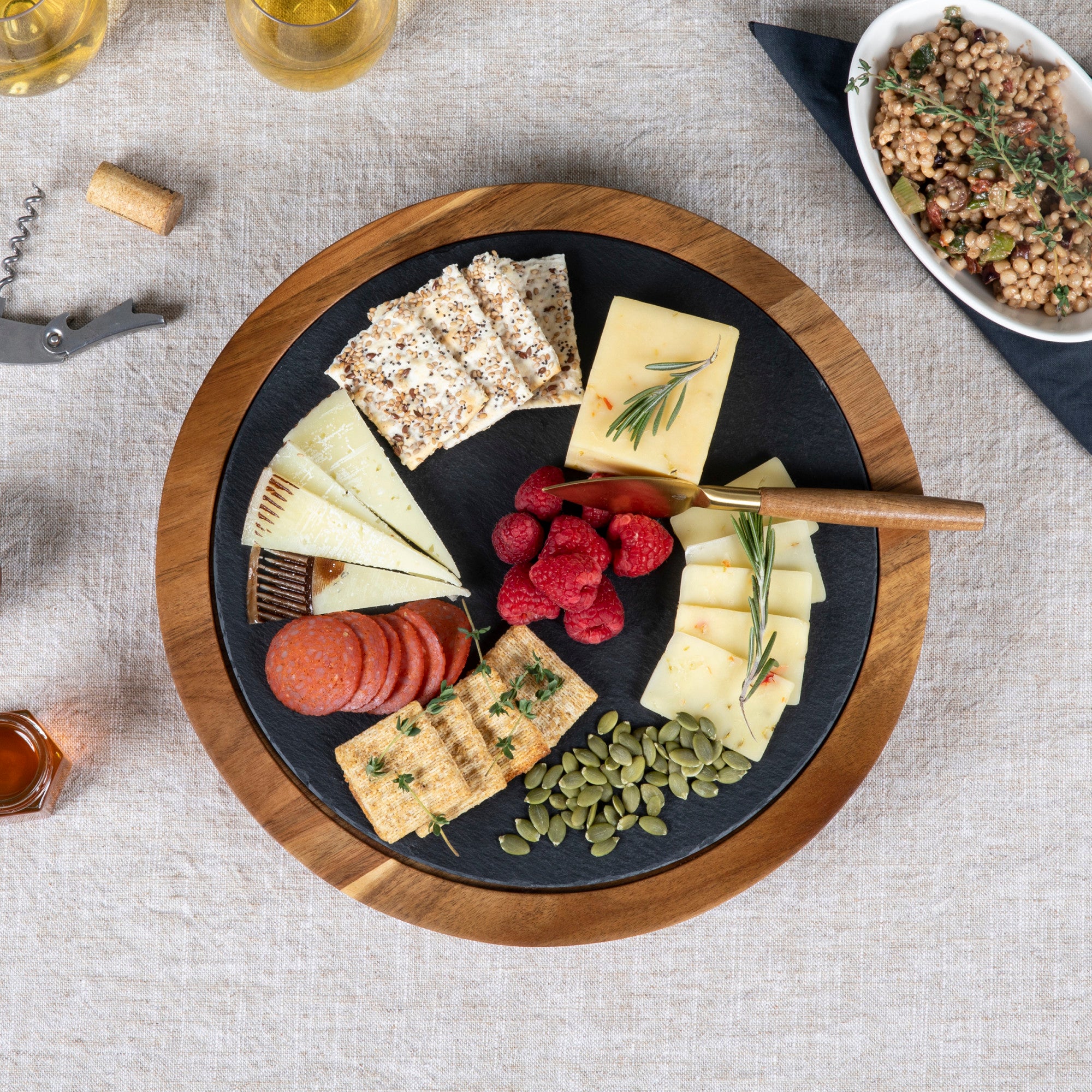 Cathcart Elliot Personalised Large Acacia Wood Cheese Board Set With Slate, Ceramic Dishes & Tools