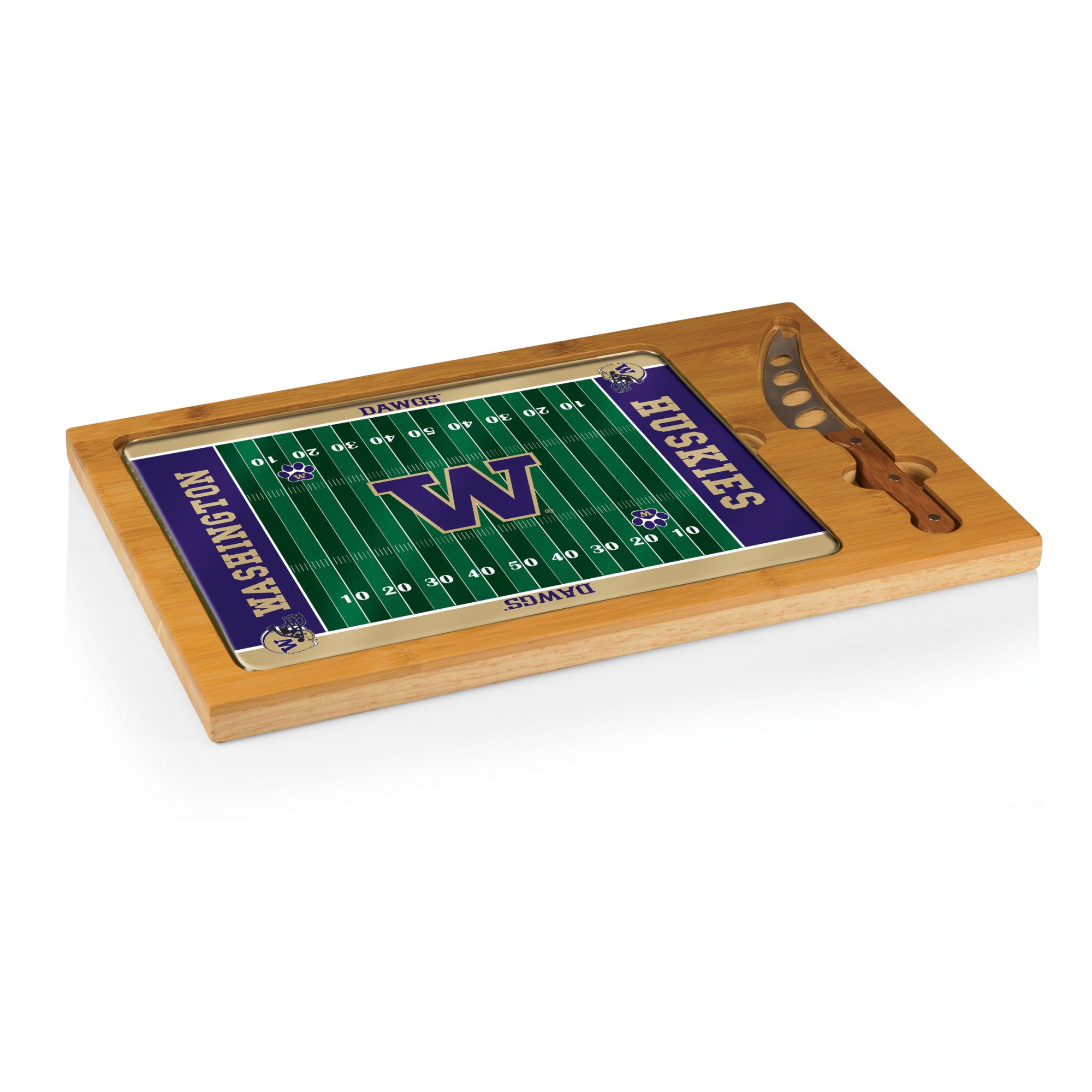 Washington Huskies Football Field - Icon Glass Top Cutting Board & Knife Set-Picnic Time Family of Brands