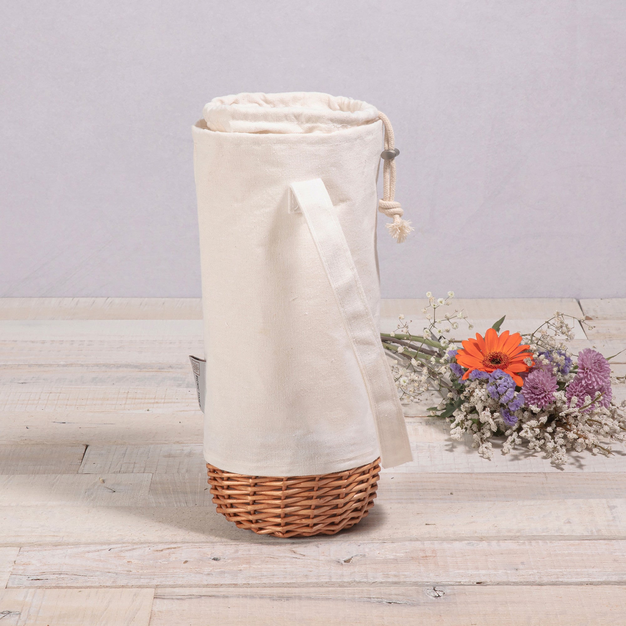 Picnic Time Malbec Insulated Wine Tote Bag - Beige Canvas & Willow Wine Bottle Basket - Wine Gift Set