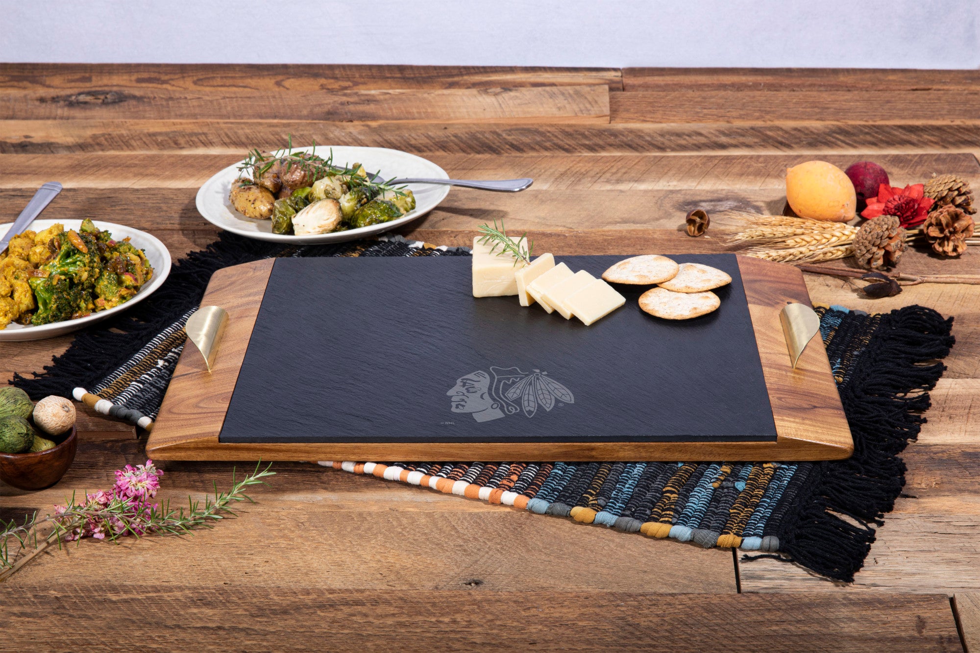 Acacia Wood & Slate Black with Gold Accents